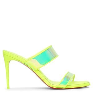 Christian Louboutin Just Loubi 85 Leather PVC Neon Yellow Mules Sandals 38.5 NIB